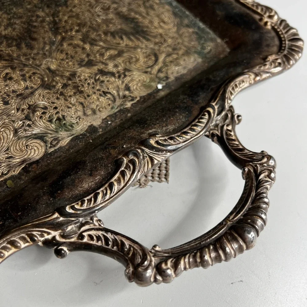 Vintage Silver Plated Rectangular Serving Tray Ornate Handles Etched Floral 19in